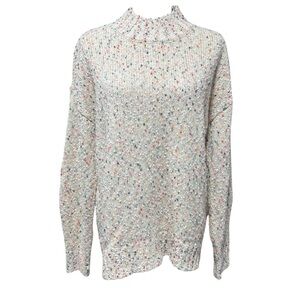 LOFT Multicolor Knit Sweater Large Oatmeal Colorful Mock Neck Oversized Speckled